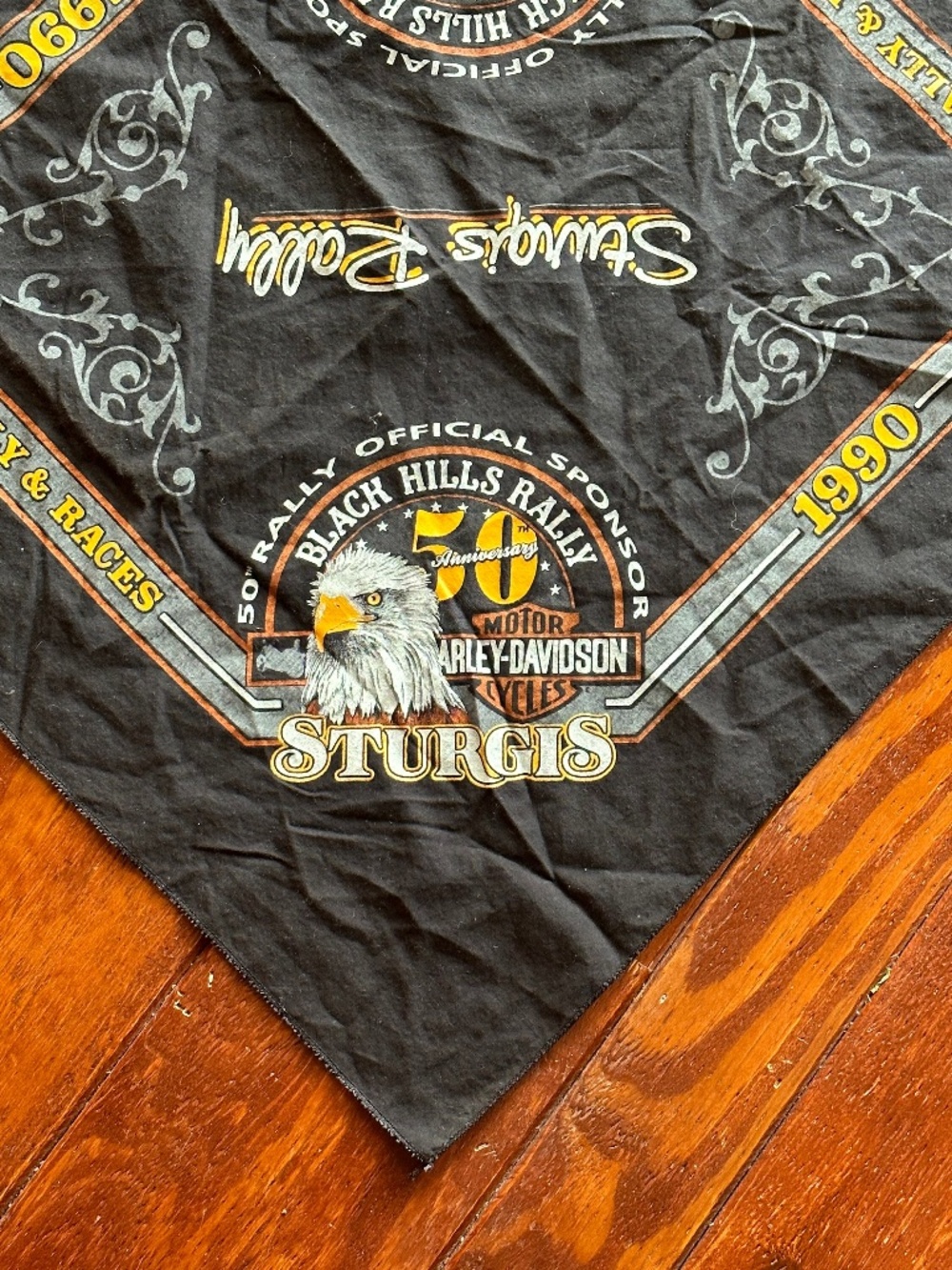 Vintage 1990 Sturgis Harley Davidson Bandana: 50th Anniversary Black Hills Rally